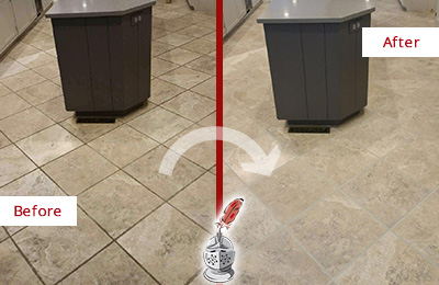 Sir Grout Seals this Stained Rural Ridge Kitchen Floor Grout to Remove Stains Before and After Picture of a Rural Ridge Kitchen Floor Grout Sealed to Remove Stains