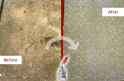 Sir Grout Cleans this Natrona Heights Mosaic Shower Cleaned to Eliminate Embedded Dirt Before and After Picture of a Natrona Heights Mosaic Shower Cleaned to Eliminate Embedded Dirt